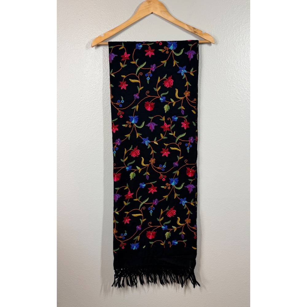 Embroidered Wool Silk Scarf Shawl Women's Floral Embroidered Fringed Pashmina